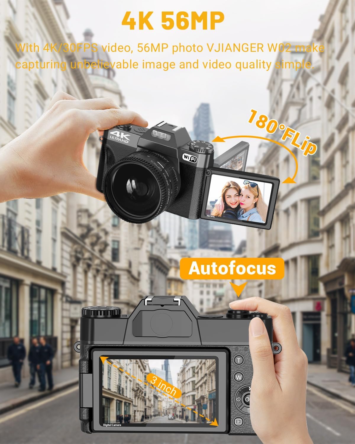 VJIANGER Cámara digital 4K, cámara de vlogging con WiFi y pantalla...
