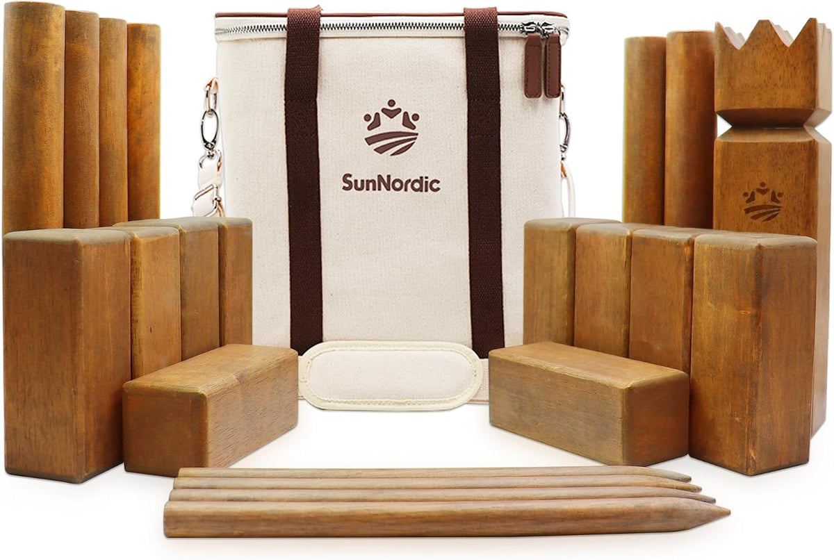 SunNordic Juego de jardín Kubb de madera de caucho con bolsa de tra...