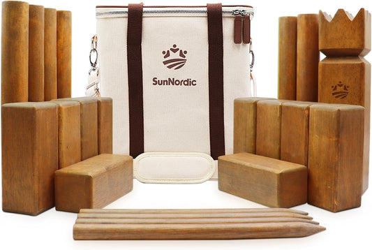 SunNordic Juego de jardín Kubb de madera de caucho con bolsa de tra...