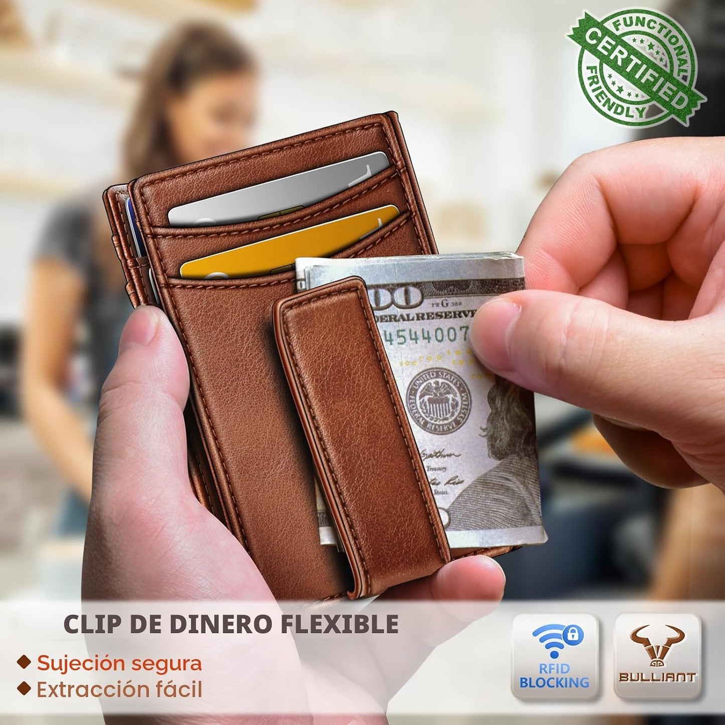 BULLIANT Cartera delgada con cierre magnético, de piel auténtica, b...