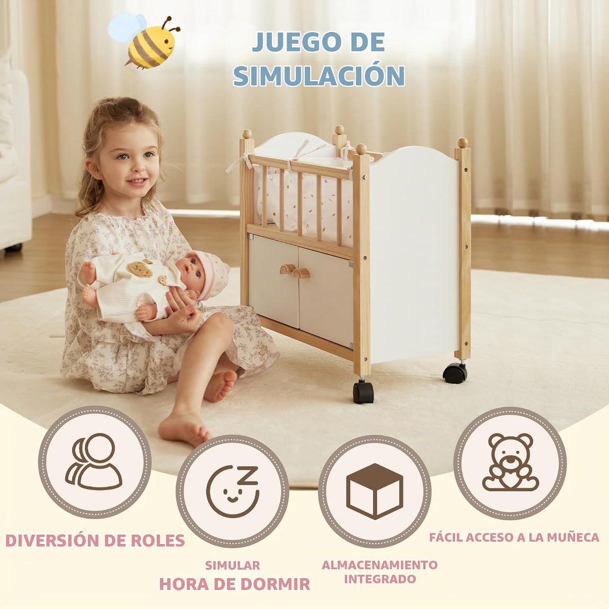 Freniland Cama de madera para muñecas con almacenamiento, ruedas y...