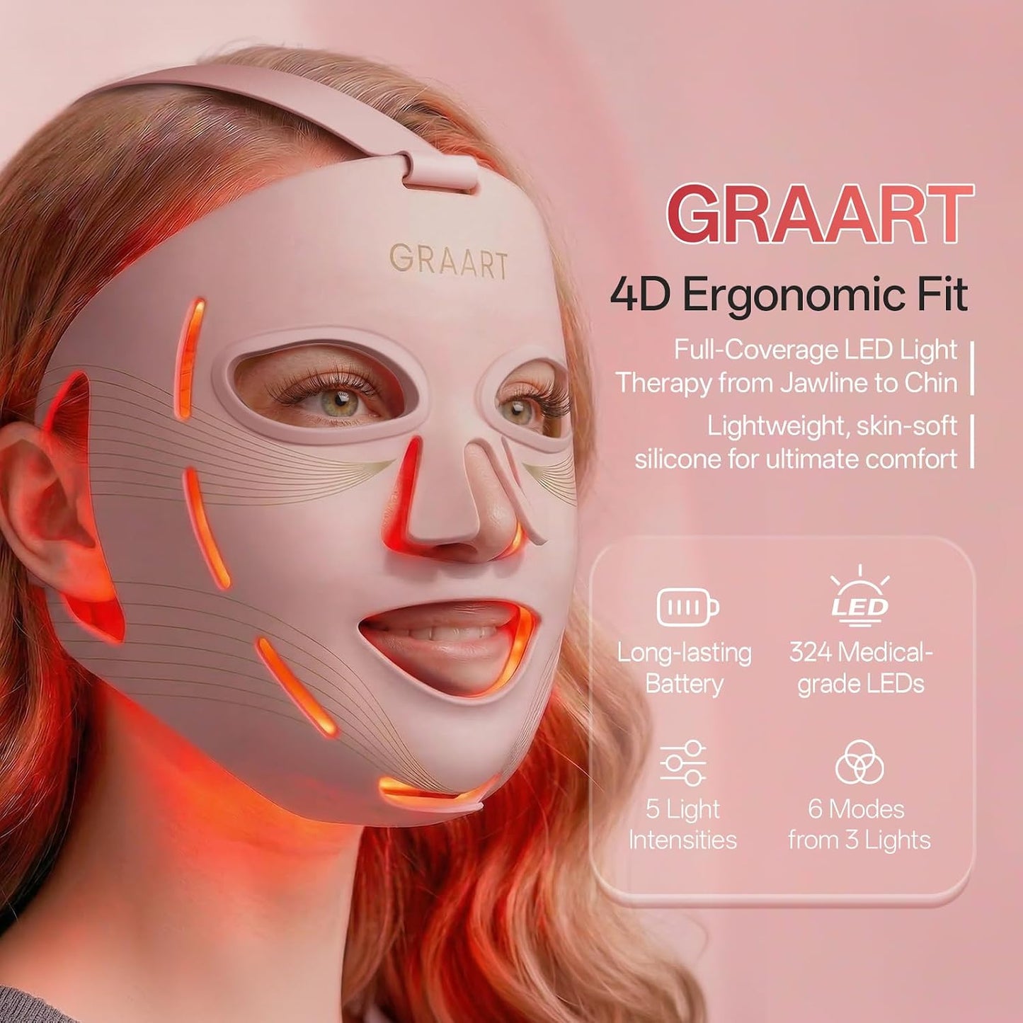 Graart Terapia de luz roja para cara y mandíbula, mascarilla 4D apr...