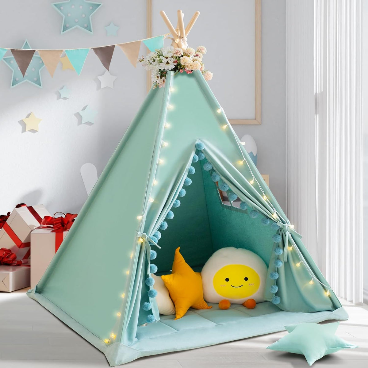 Tienda de campaña tipi para niños con alfombrilla acolchada, lona d...