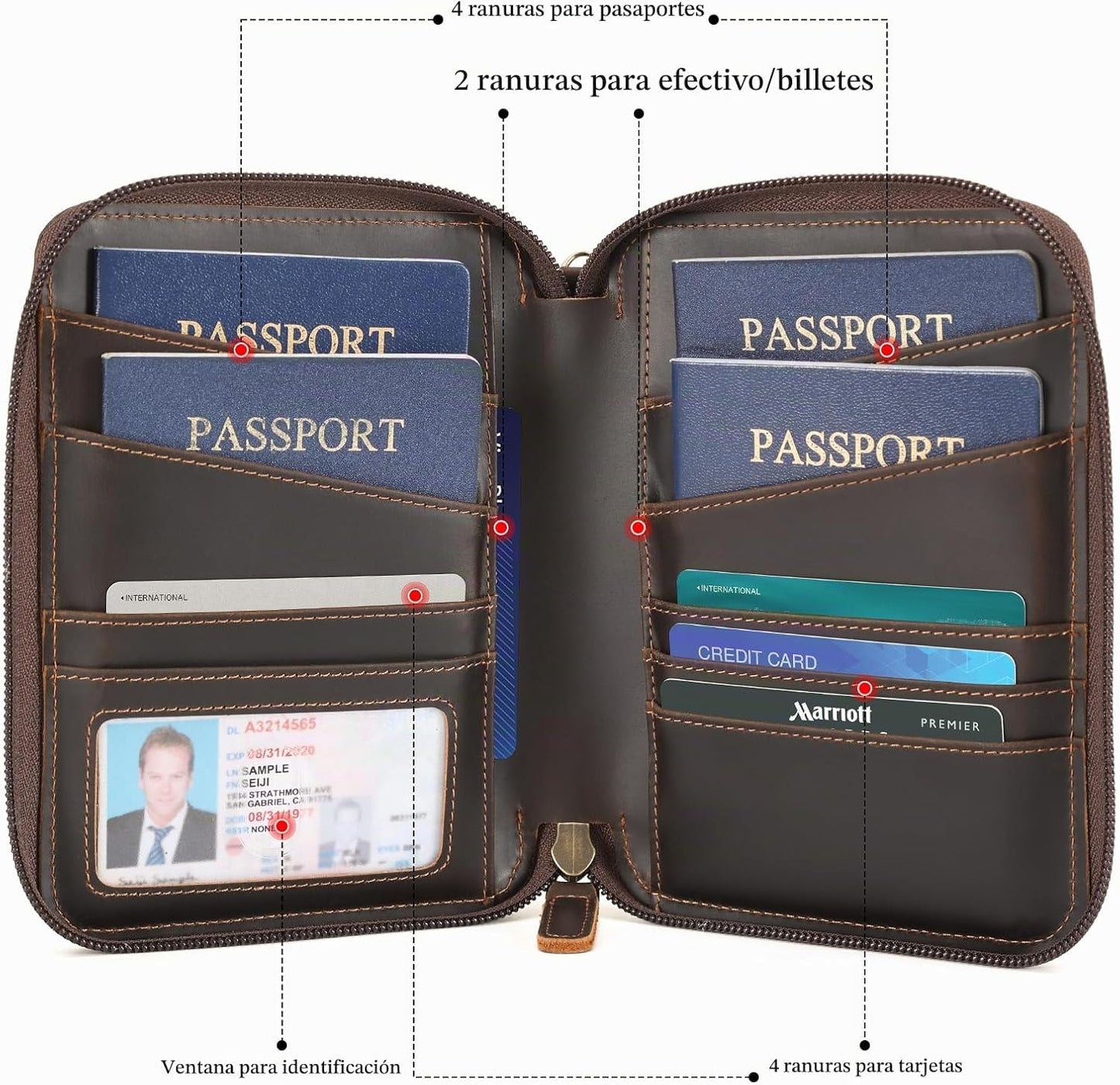 Polare - Cartera de cuero de grano completo para pasaporte familiar...