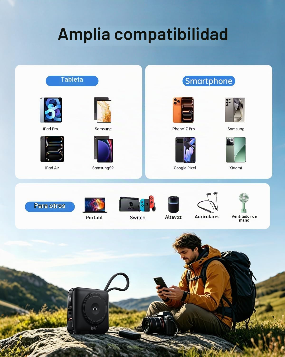 Cargador portátil magnético de carga rápida W&P de 45 W con 2 cable...