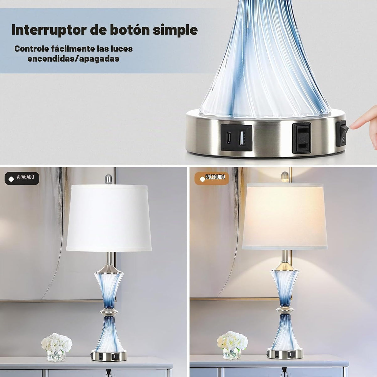 Rinweey - Lámpara de mesa de vidrio azul con puertos USB C+A y sali...