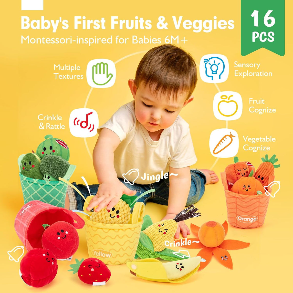 hahaland Juguetes sensoriales para bebés, 16 piezas, My First Fruit...
