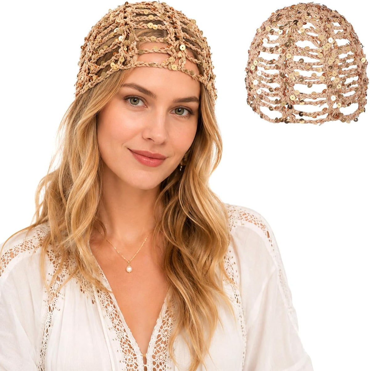 Gorro de punto de ganchillo con lentejuelas y purpurina de verano p...
