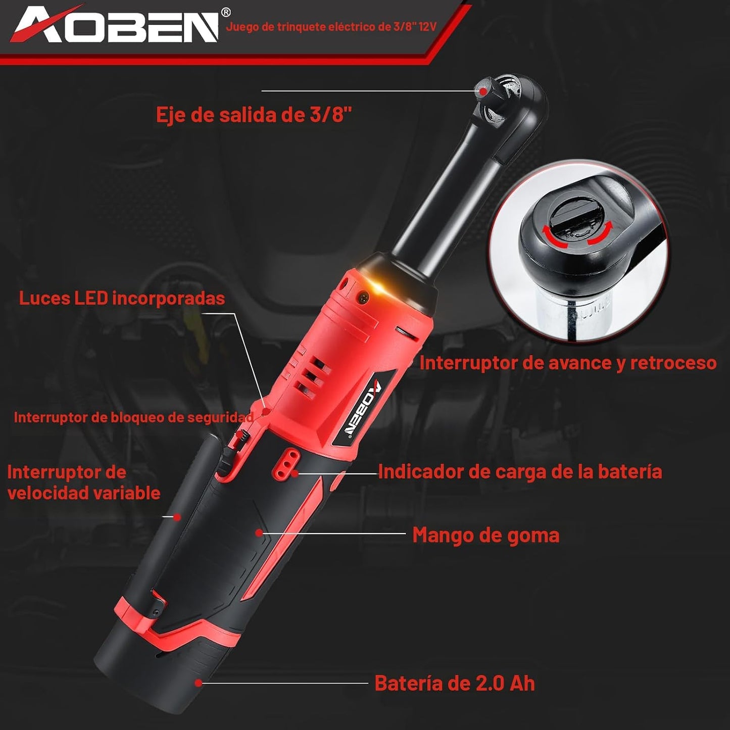 AOBEN Kit de llave de trinquete eléctrica inalámbrica de 3\/8 pulga...