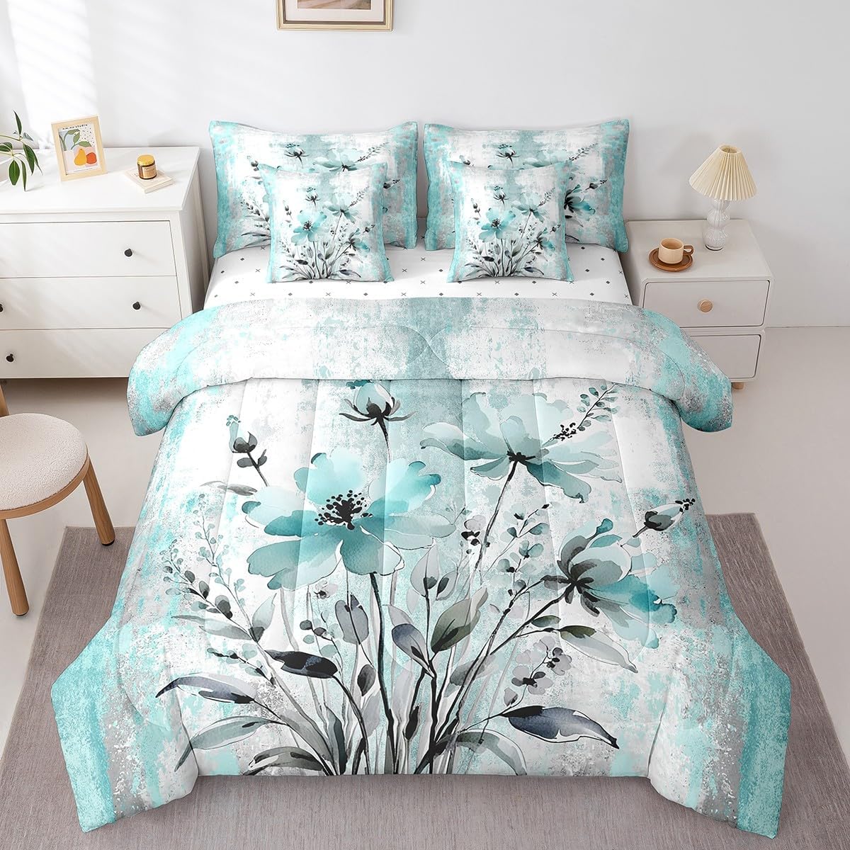 Erosebridal Ropa de cama Queen con Flores de Acuarela 7 Piezas para...