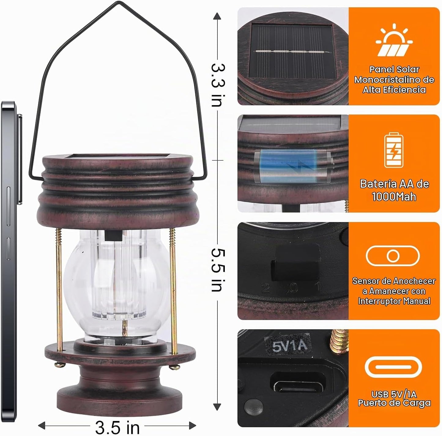 Linternas solares, doble carga solar y USB, luces colgantes y de ca...