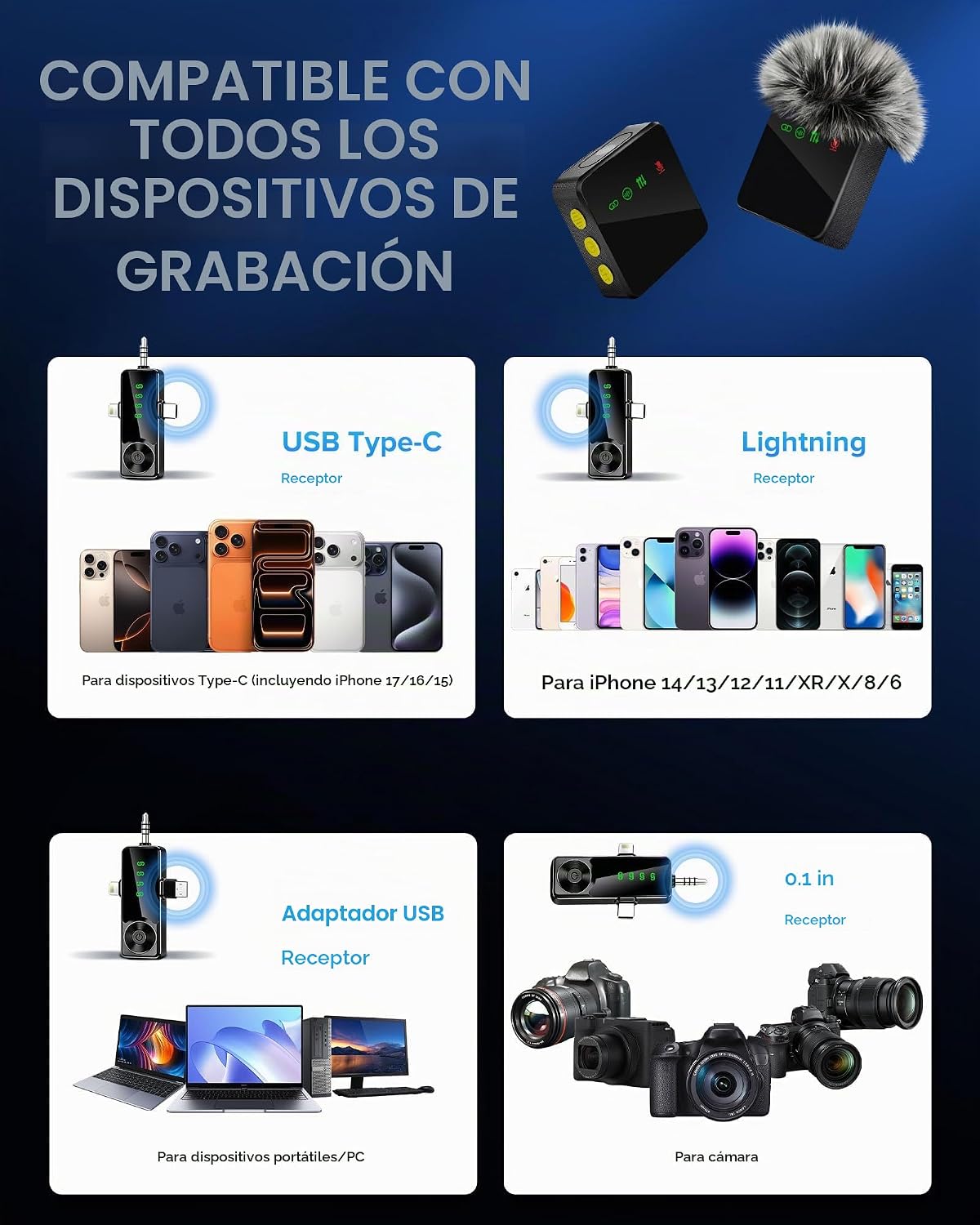 Ominoral Paquete de 4 micrófonos inalámbricos Lavalier para iPhone,...