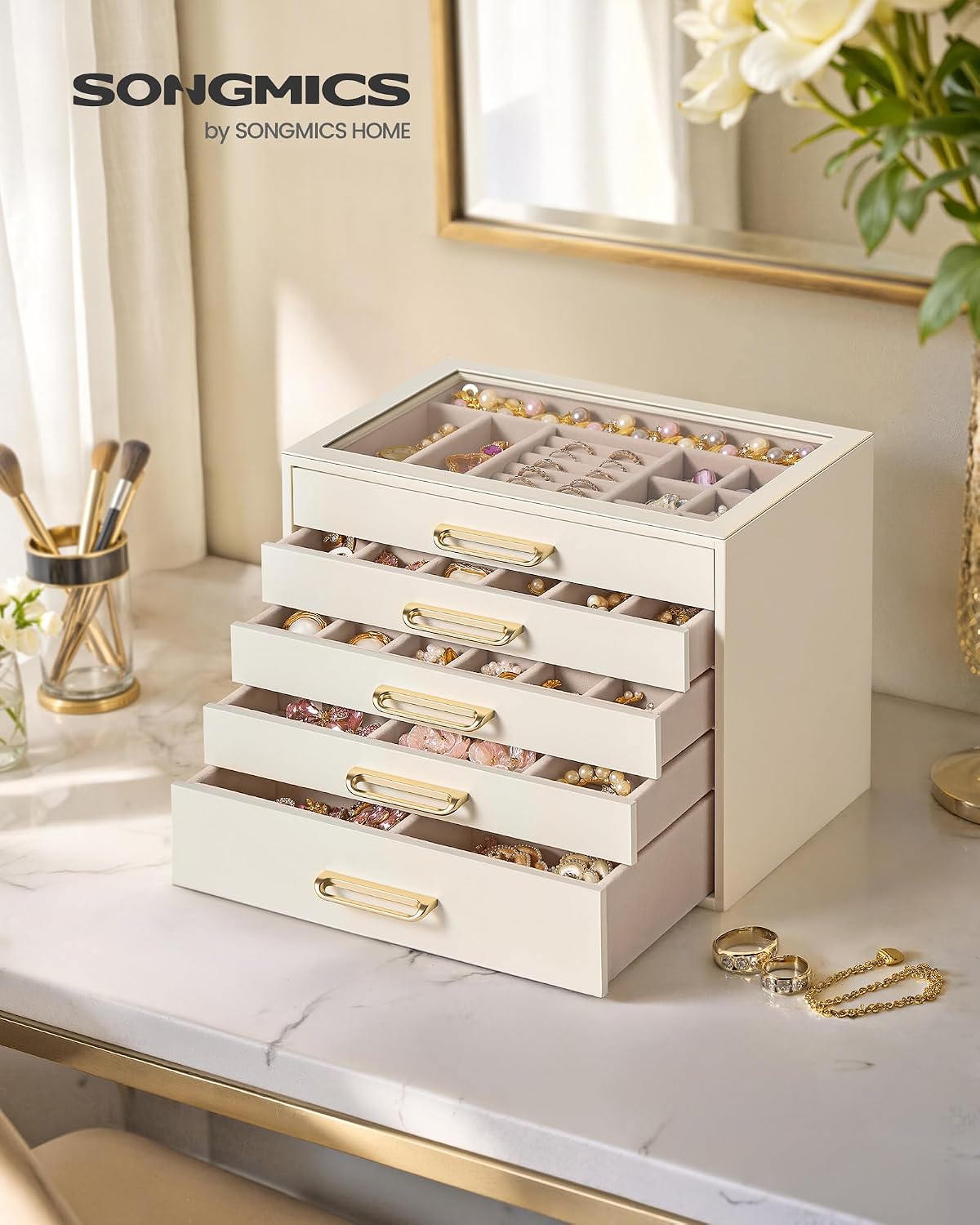 SONGMICS Joyero de 5 capas con ventana de cristal, organizador de a...