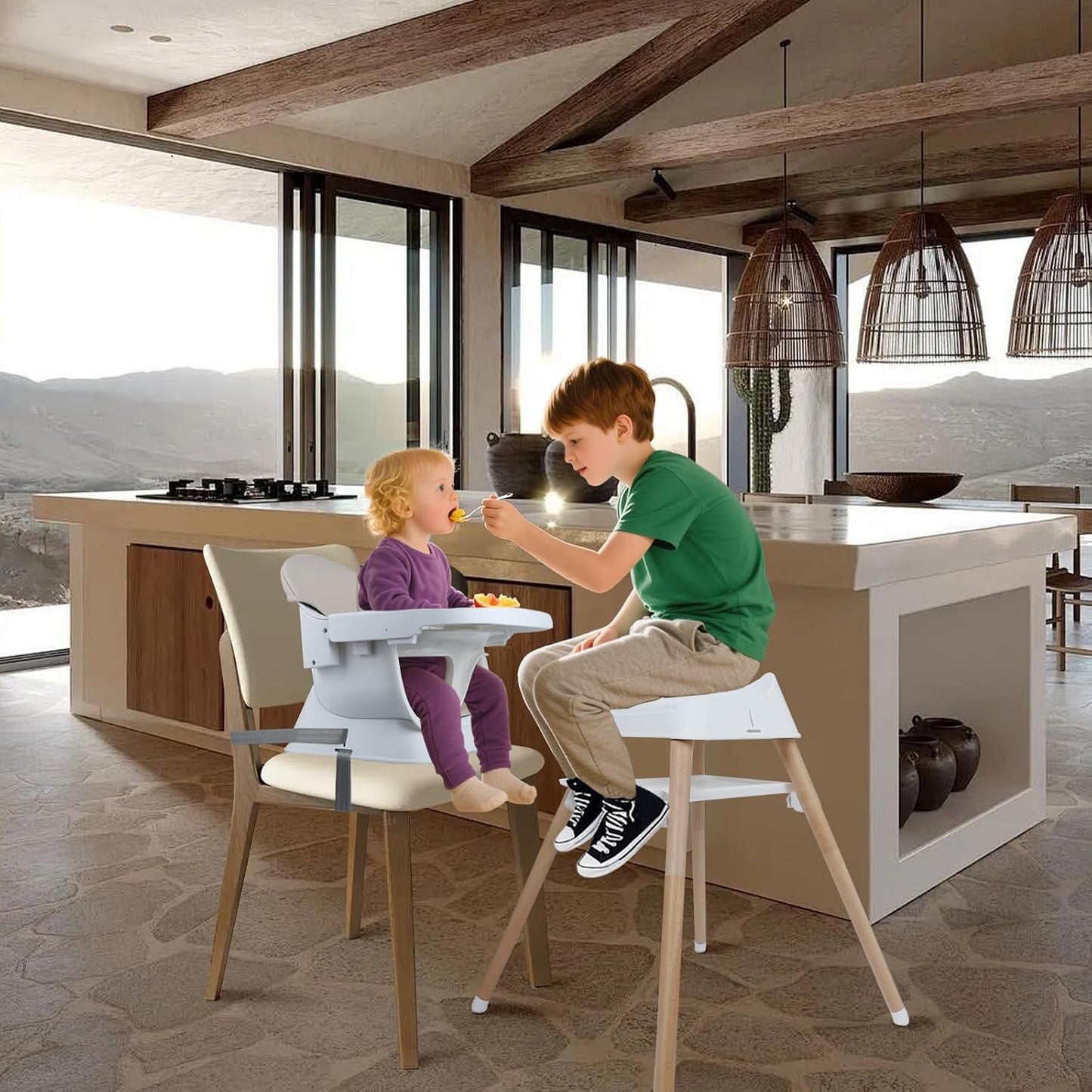 Silla alta convertible 9 en 1 con refuerzo, trona de madera para be...