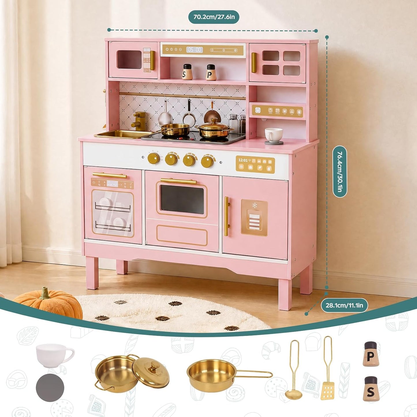 Cocina de madera para niños, moderno juego de cocina blanca con est...