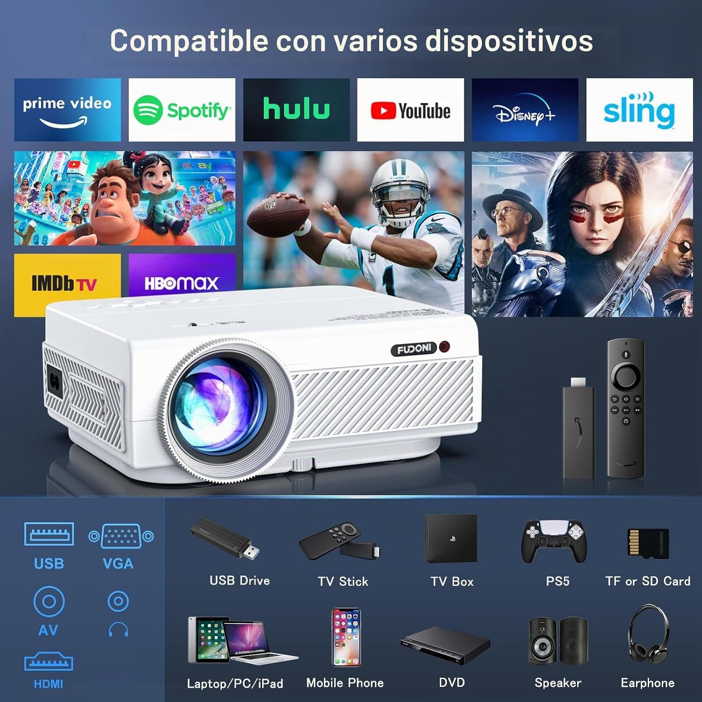 FUDONI Proyector con WiFi y Bluetooth, 5G WiFi nativo 1080P Proyect...