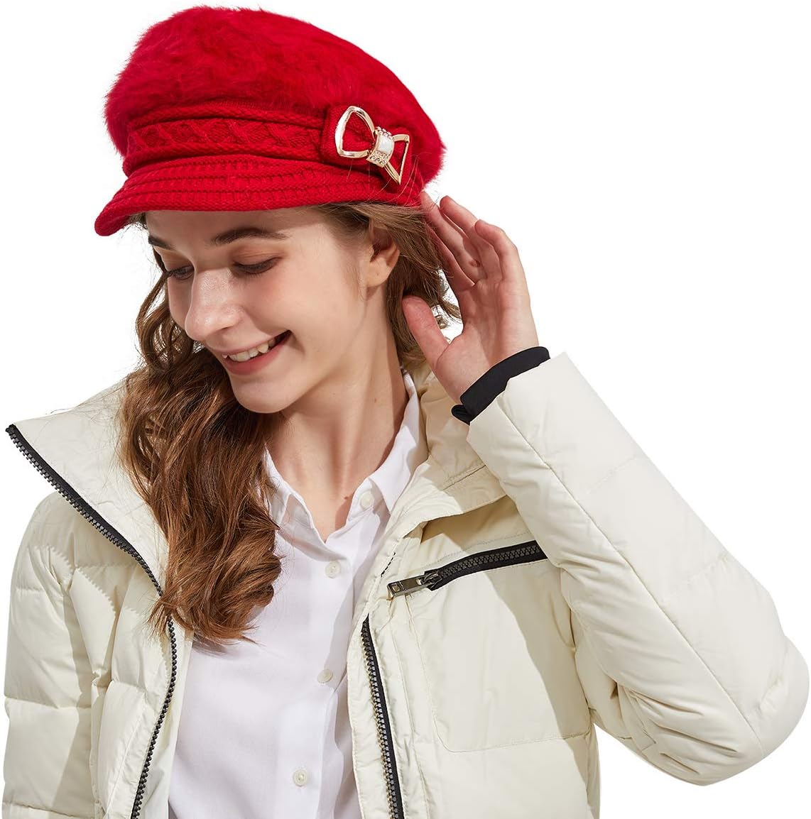 Surblue Sombrero de punto para mujer, boina, gorra de ala ancha con...