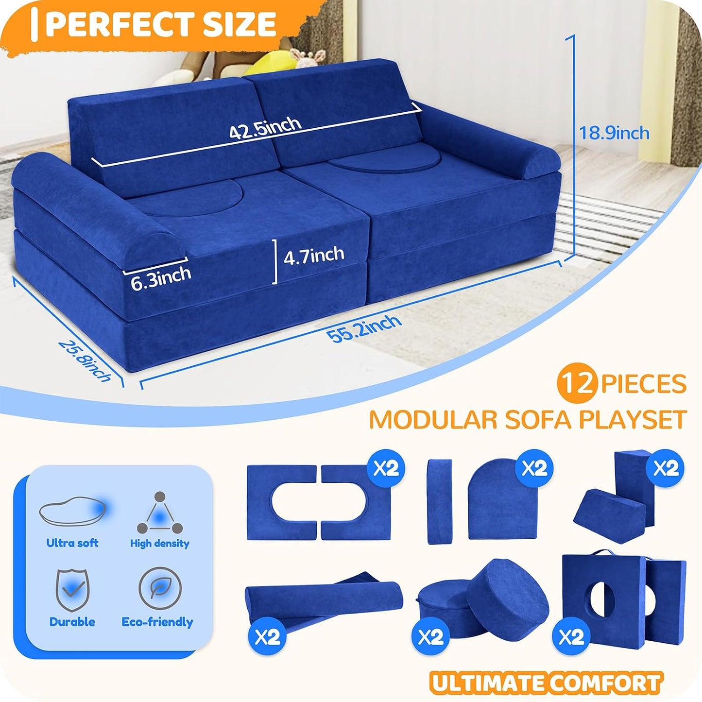 Winhomish Sofá infantil modular de 12 piezas para dormitorio, color...