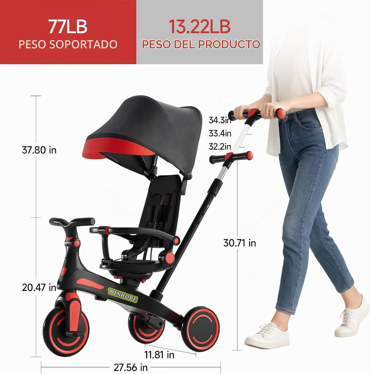 Winhope Triciclo para niños, triciclo 6 en 1 para bebés con asa de...