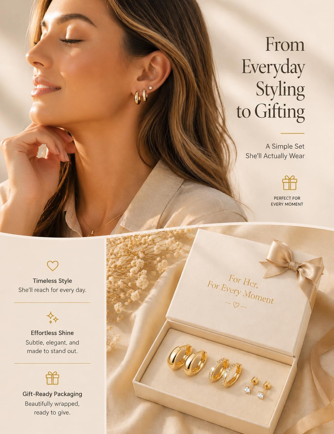 Styleeary Aretes de oro para mujer, pequeños y gruesos, chapados en...