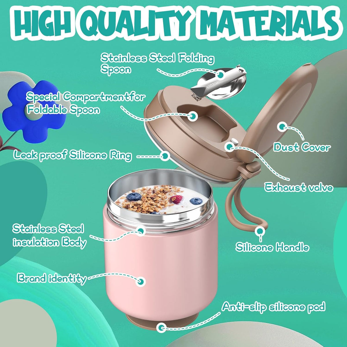 Termo para niños de comida caliente - 15.2oz con cuchara plegable y...