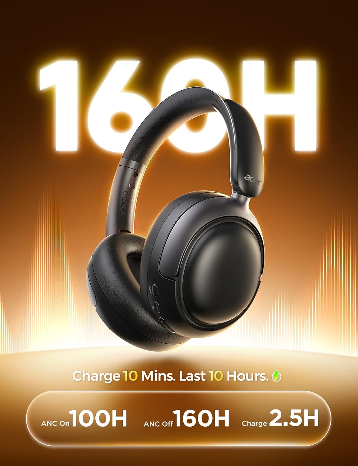 Acer OHR703 - Auriculares con cancelación activa de ruido, Bluetoot...