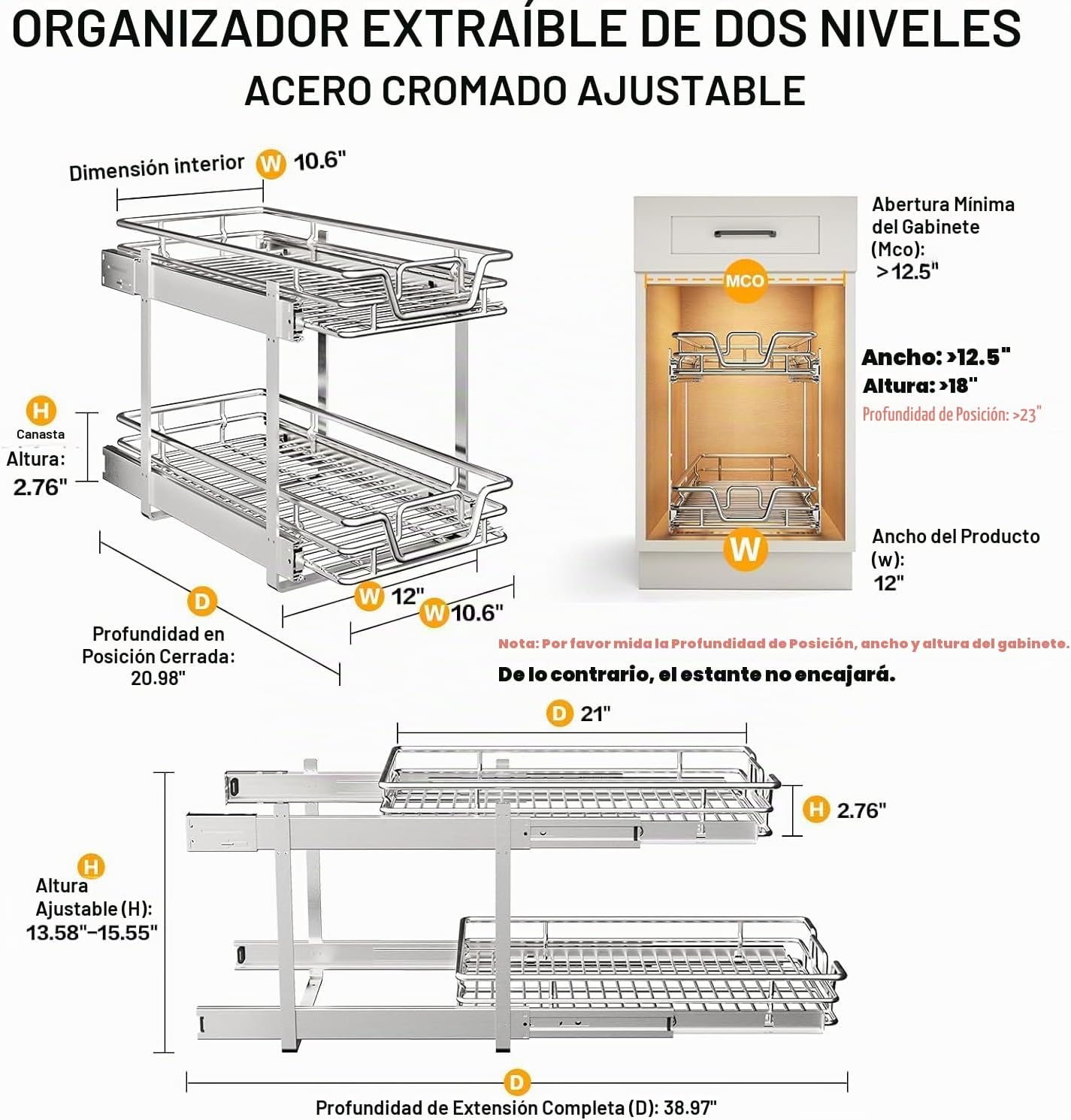 QUYUWU Estante extraíble para armario de cocina de 2 niveles y orga...