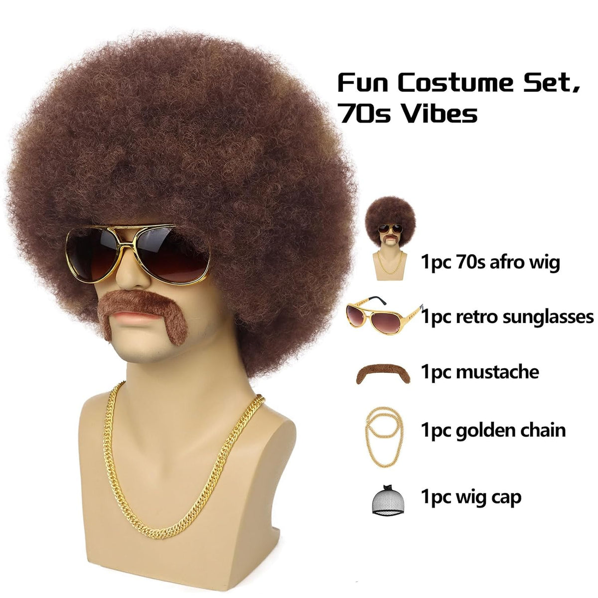 G&amp;T Wig Peluca afro de los años 70 para hombre con cadena de ga...