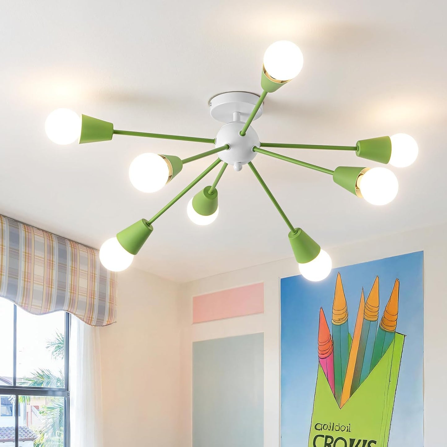 Lámpara de techo Sputnik verde, 8 luces modernas Sputnik Candelabro...