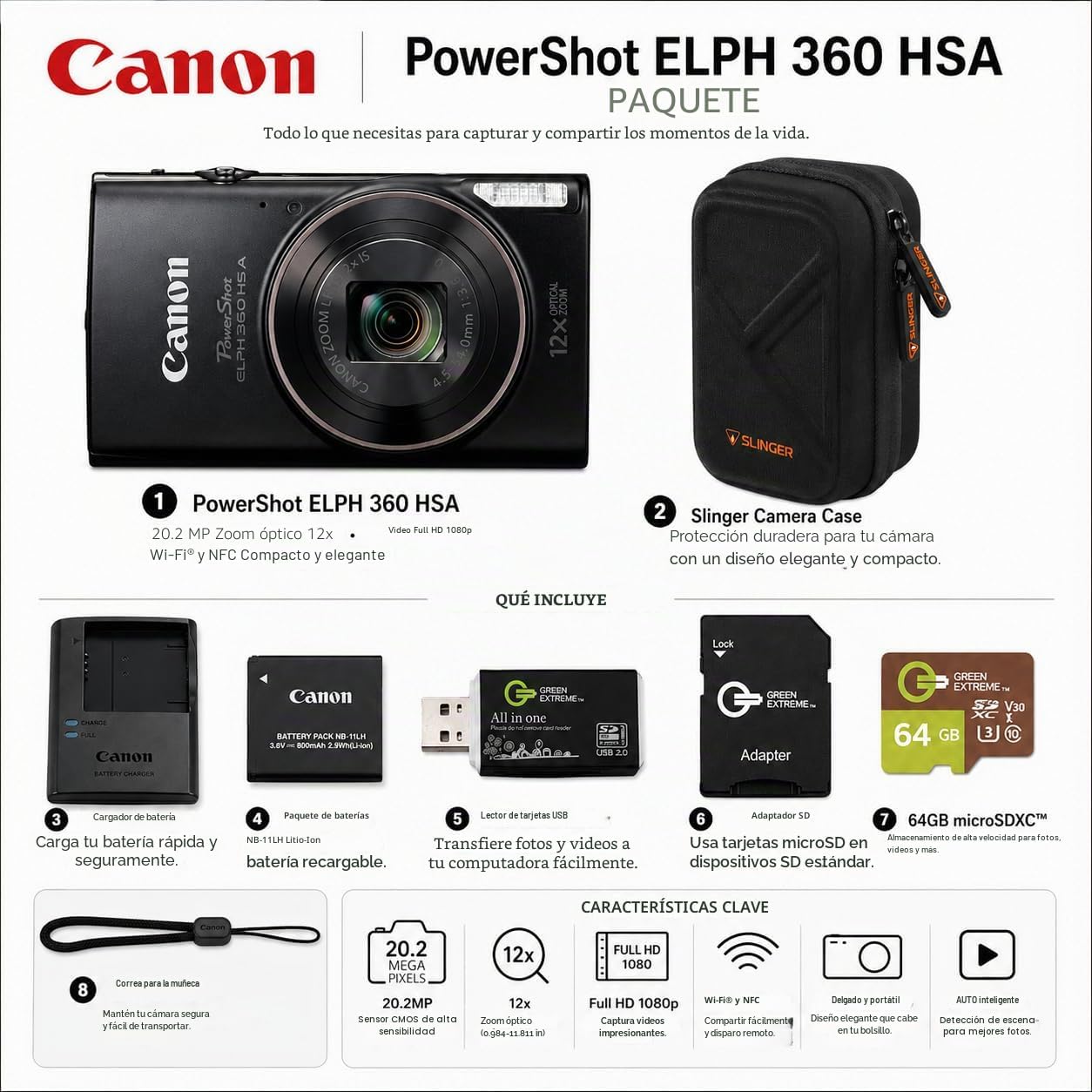 Canon PowerShot ELPH 360 HS - Paquete de cámara digital con tarjeta...