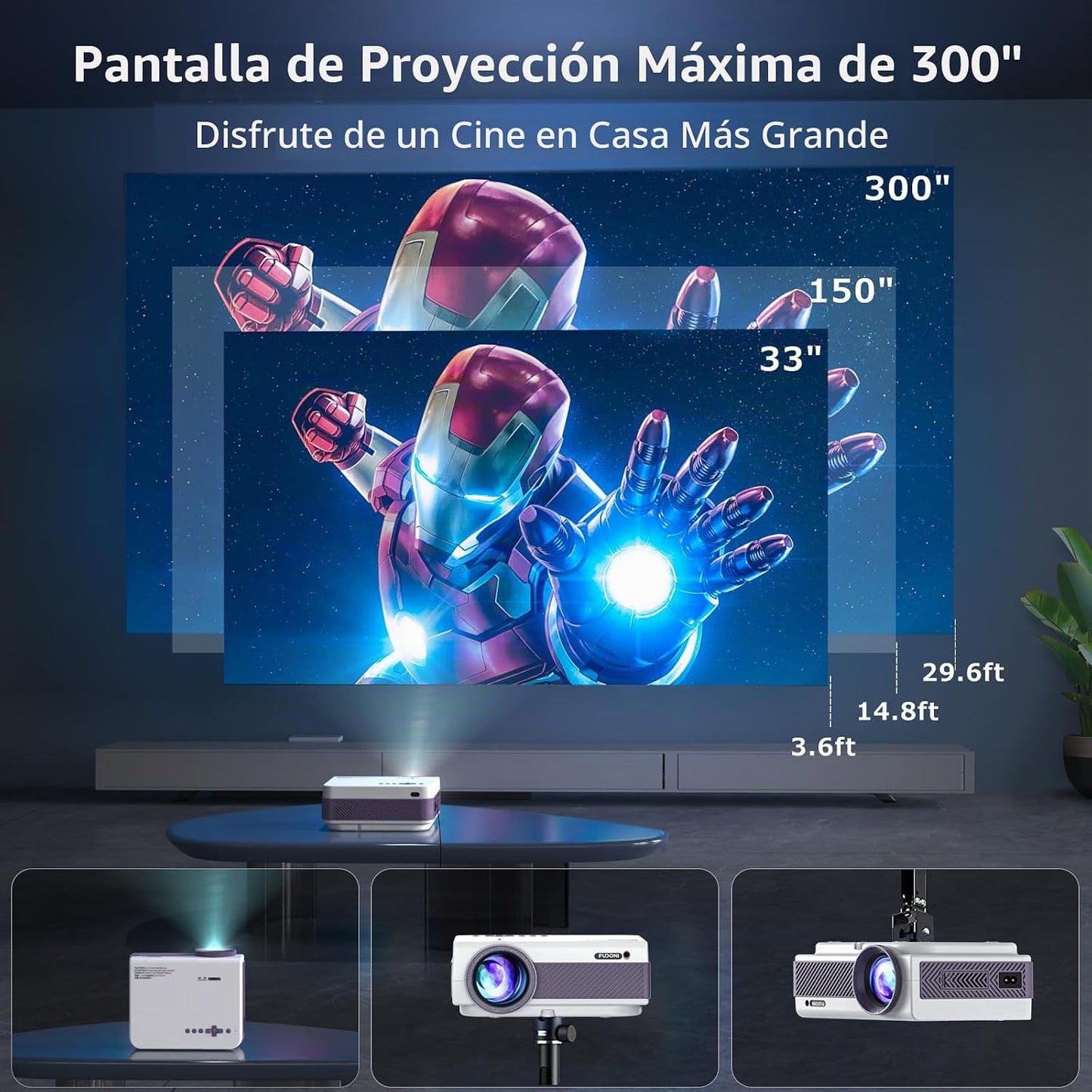 FUDONI Proyector Bluetooth WiFi Native 1080P, proyector de película...