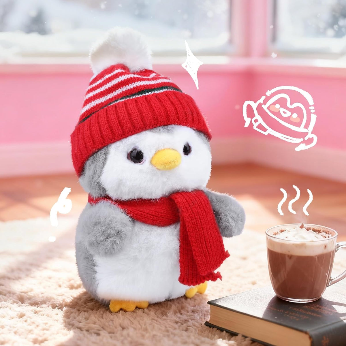 Animal de peluche de pingüino, peluche de pingüino con gorro de pun...