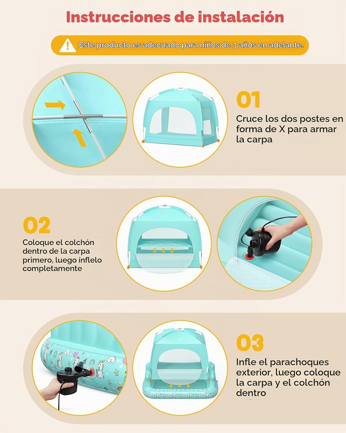 QPAU Colchón de aire para niños con tienda de campaña y bomba rápid...