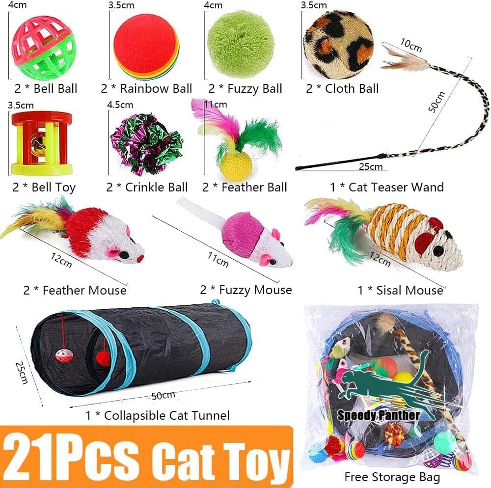 21 piezas de juguetes para gatos de interior: túnel plegable para g...