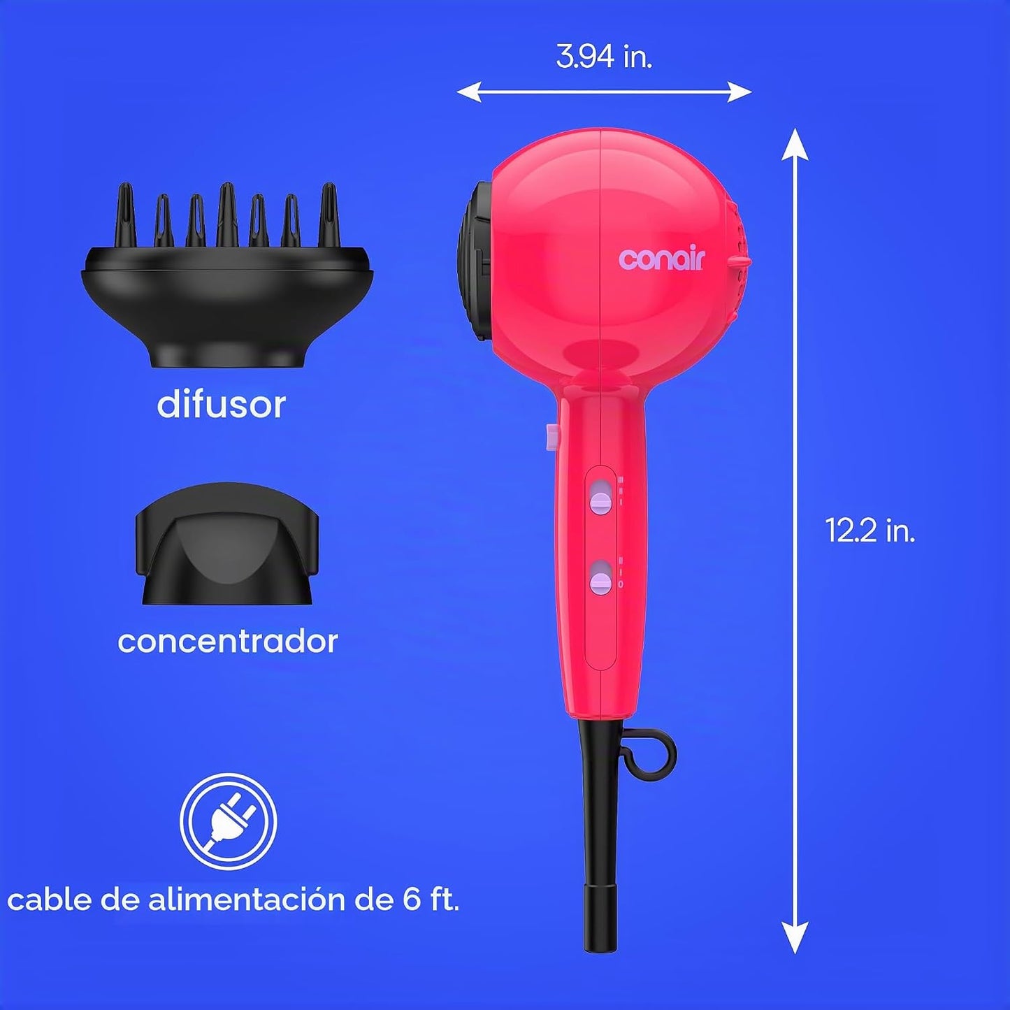 Conair Secador de pelo Cake Pop con accesorios difusores y concentr...