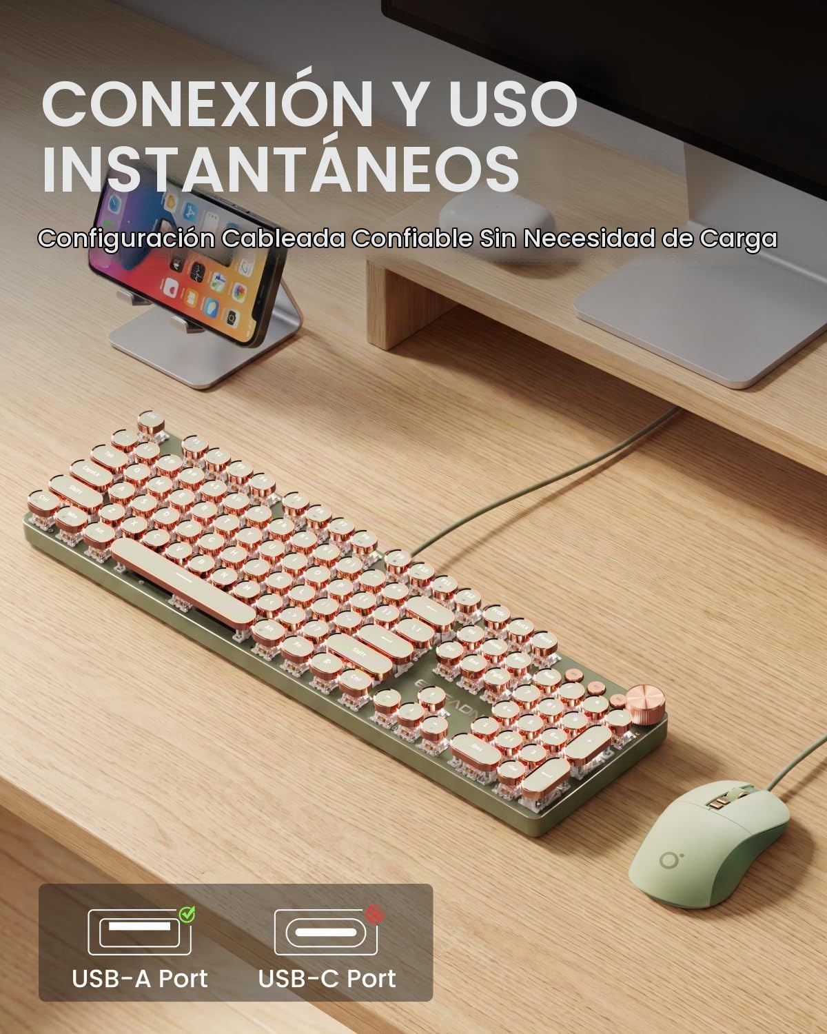 EWEADN Combo de teclado y ratón con cable estilo máquina de escribi...