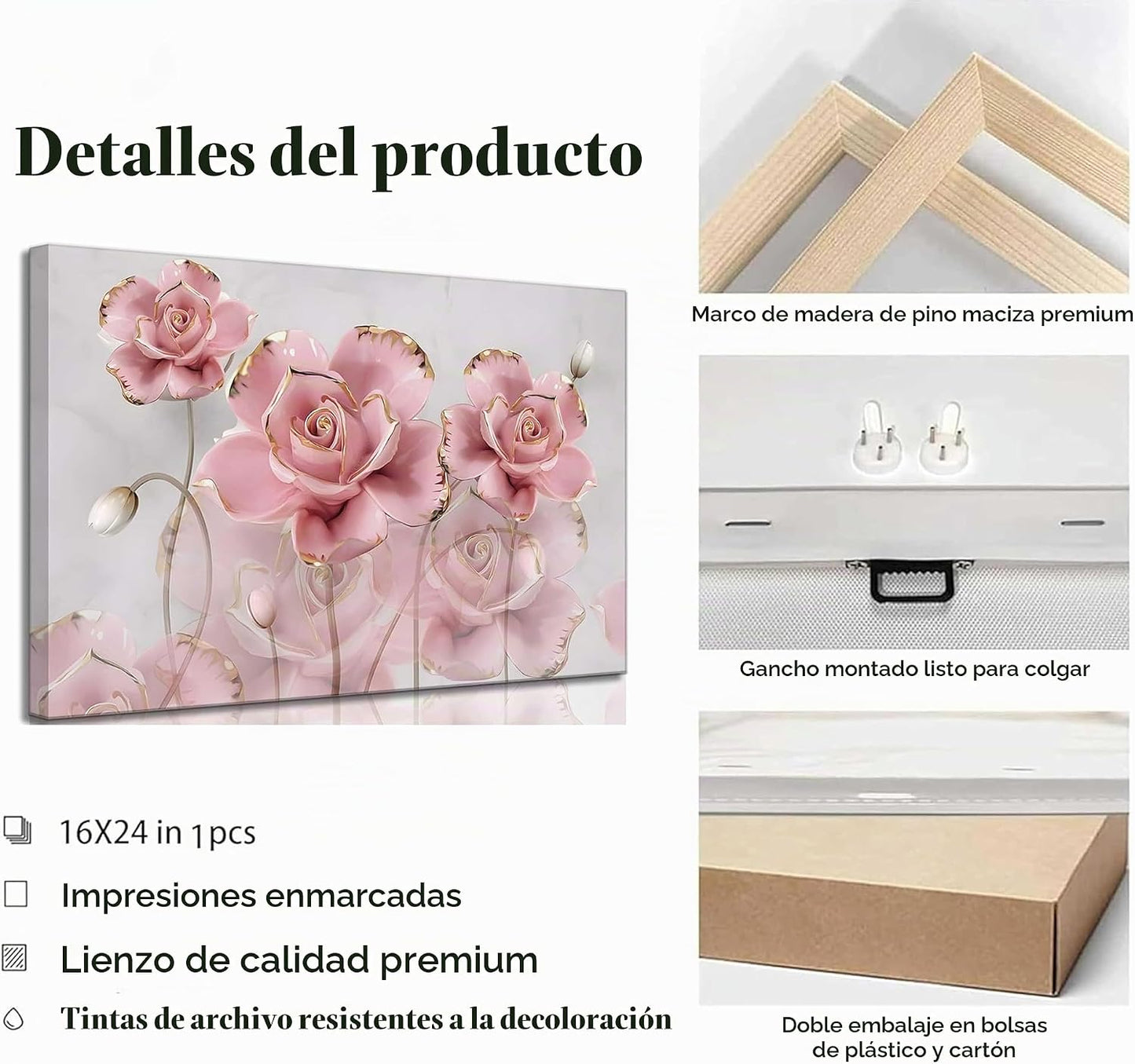 Arte de pared moderno de rosas doradas en delicado color rosa, lien...