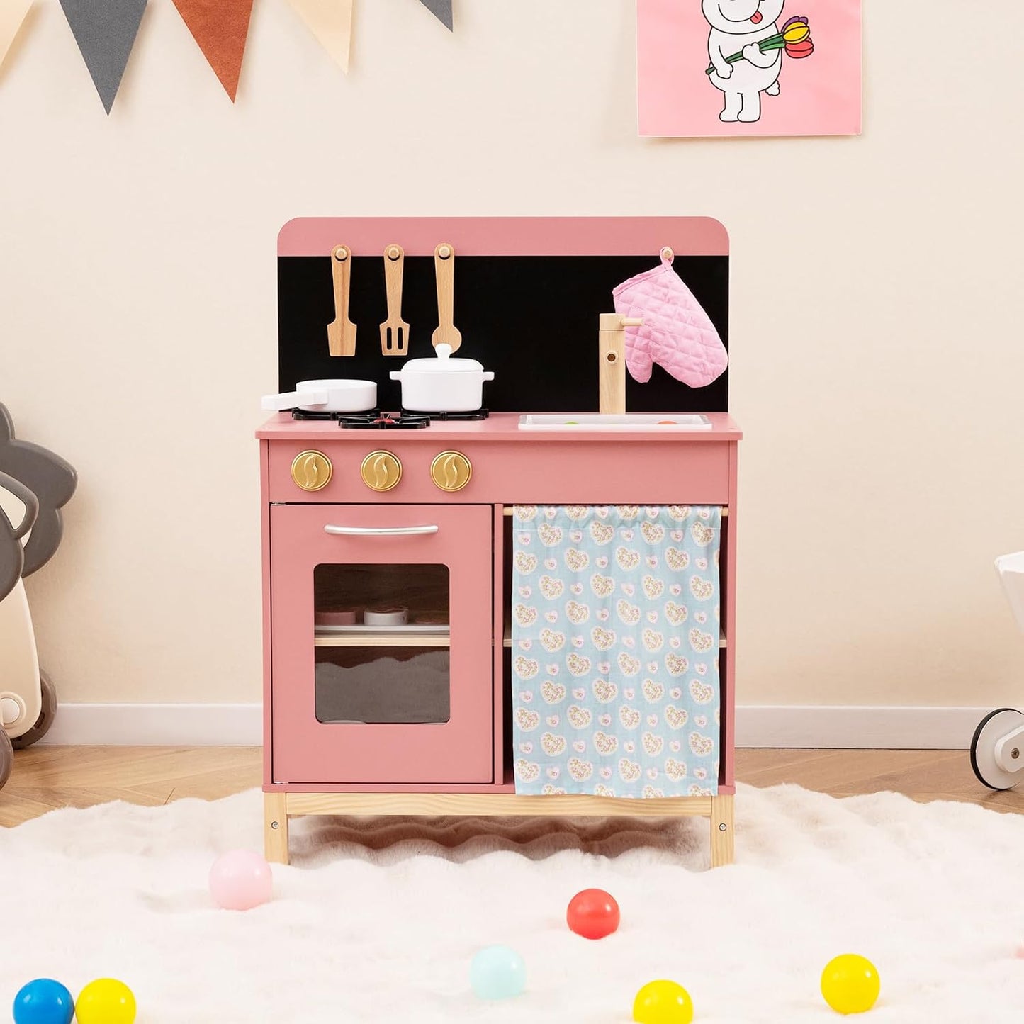 HONEY JOY Juego de cocina rosa para niños, cocina de madera para ni...