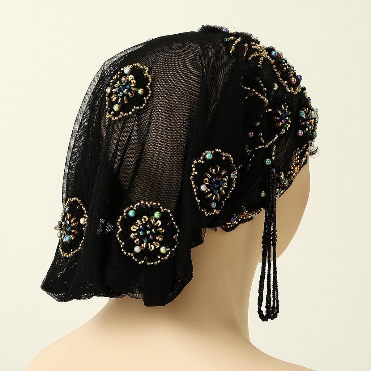 Turbante para mujer, con cuentas de encaje, musulmán, hijab, gorro...