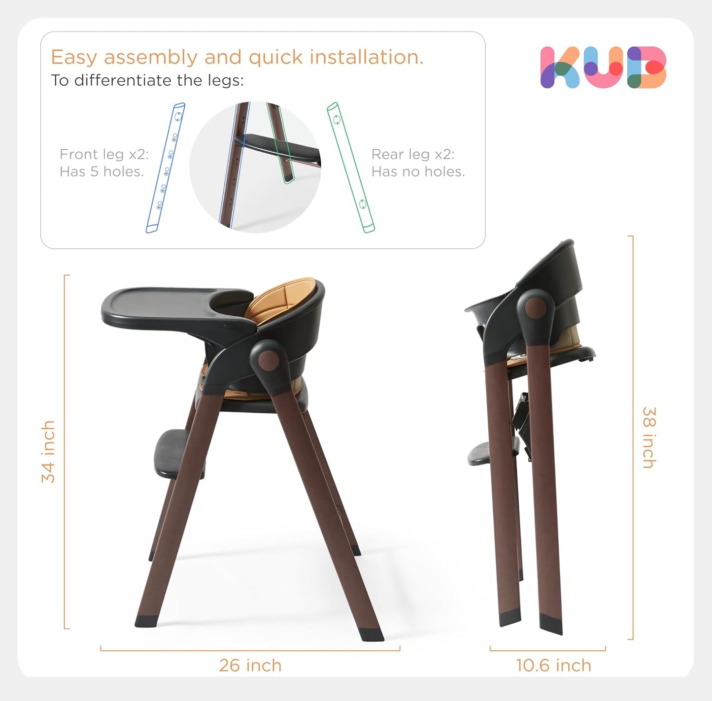 KUB Silla alta para bebés y niños pequeños ajustable plegable conve...