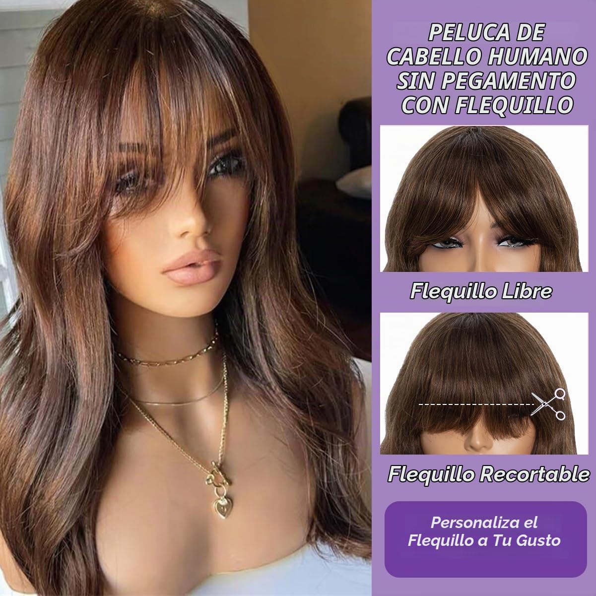 JINXIMEIHE Pelucas de cabello humano marrón chocolate con flequillo...