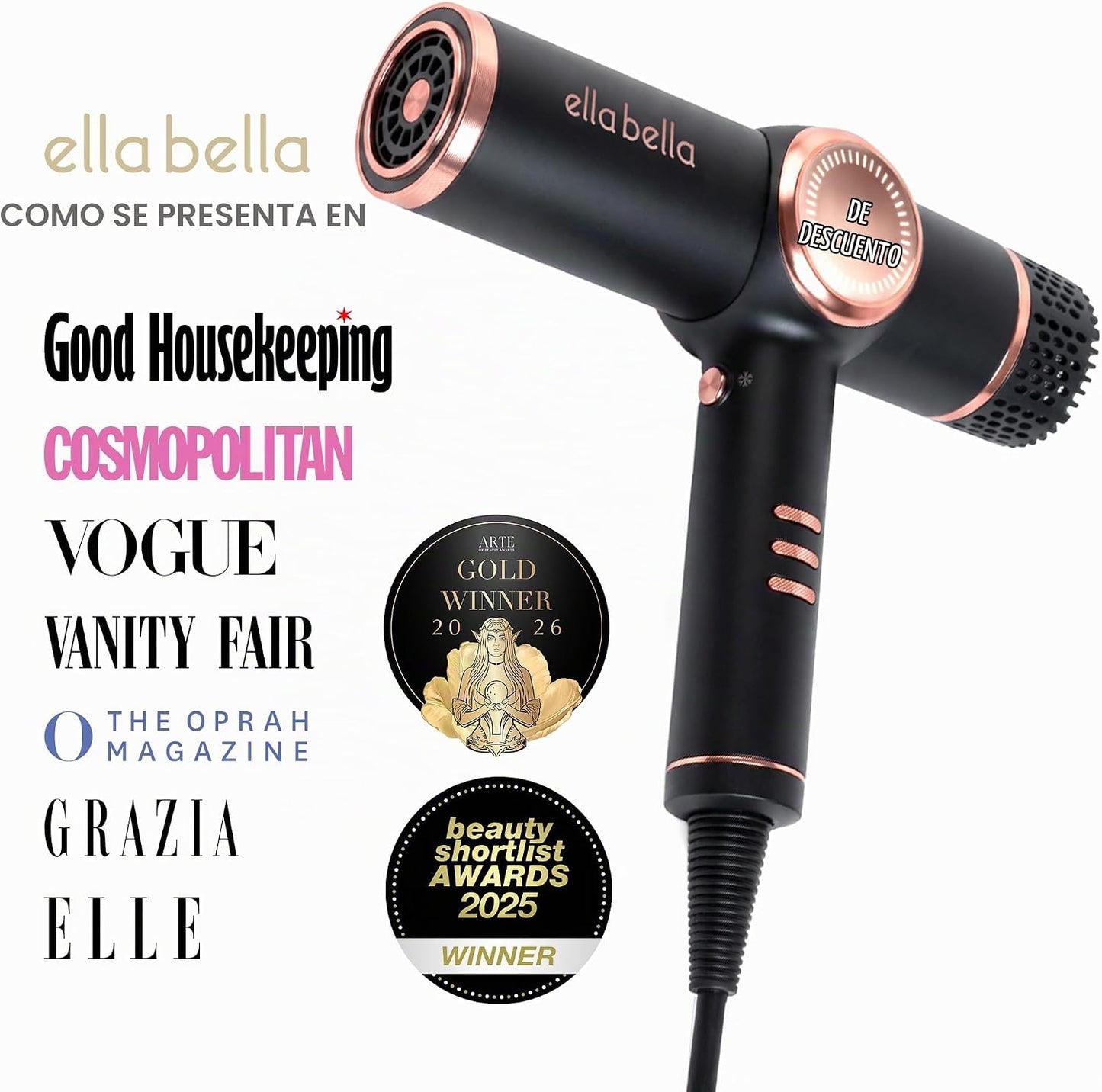 ELLA BELLA® Secador de pelo iónico profesional con difusor \u2022 S...