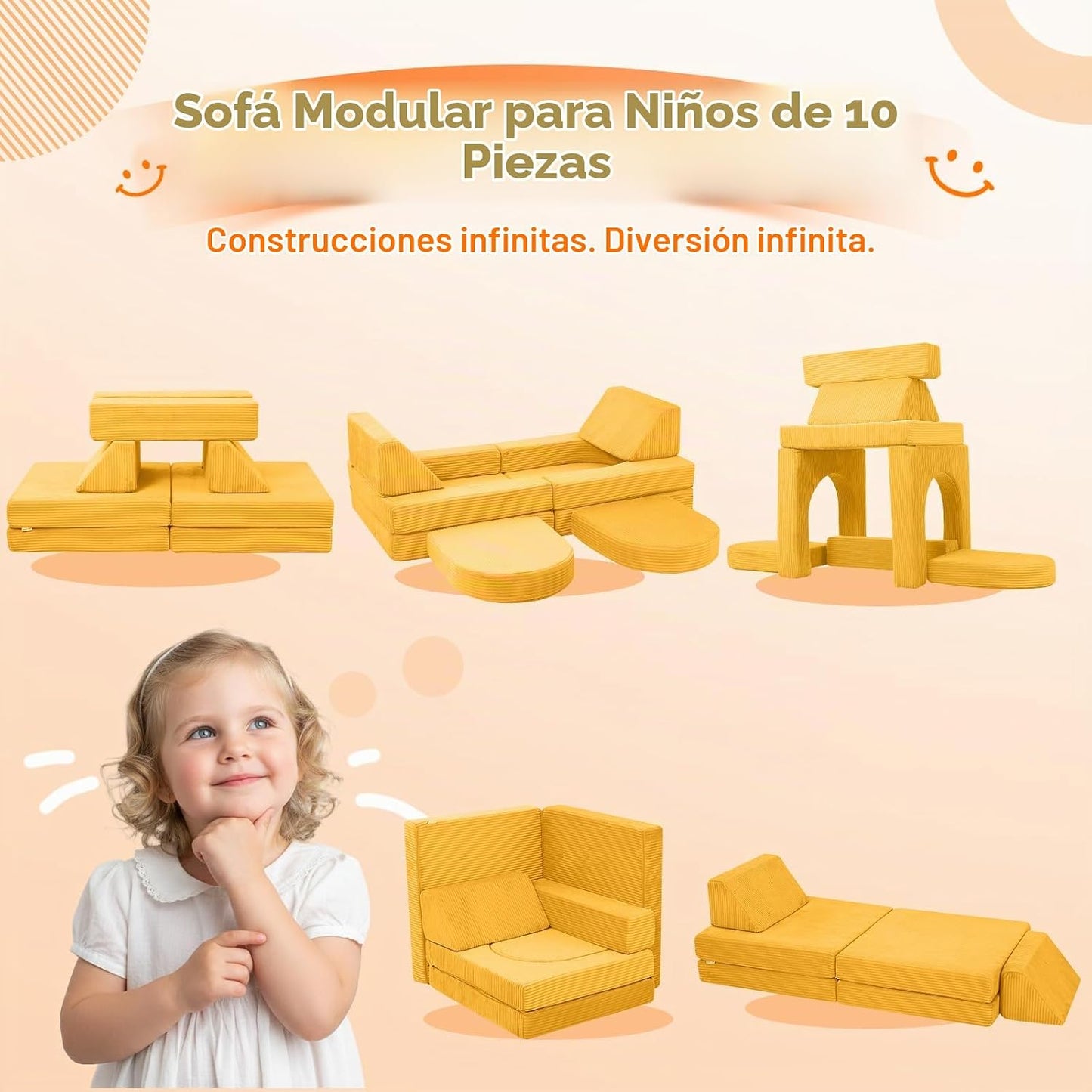 MeMoreCool Elegante sofá de pana de 10 piezas para niños, sofá modu...