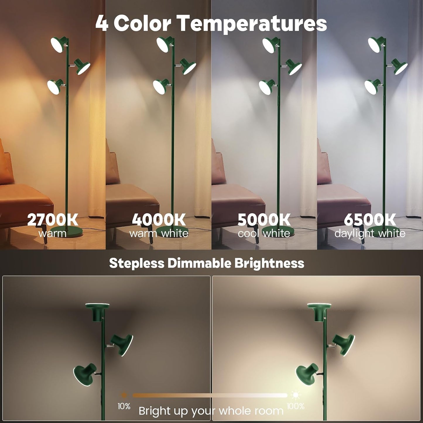 SIBRILLE Lámpara de pie LED de árbol de 36W, lámpara de pie ajustab...