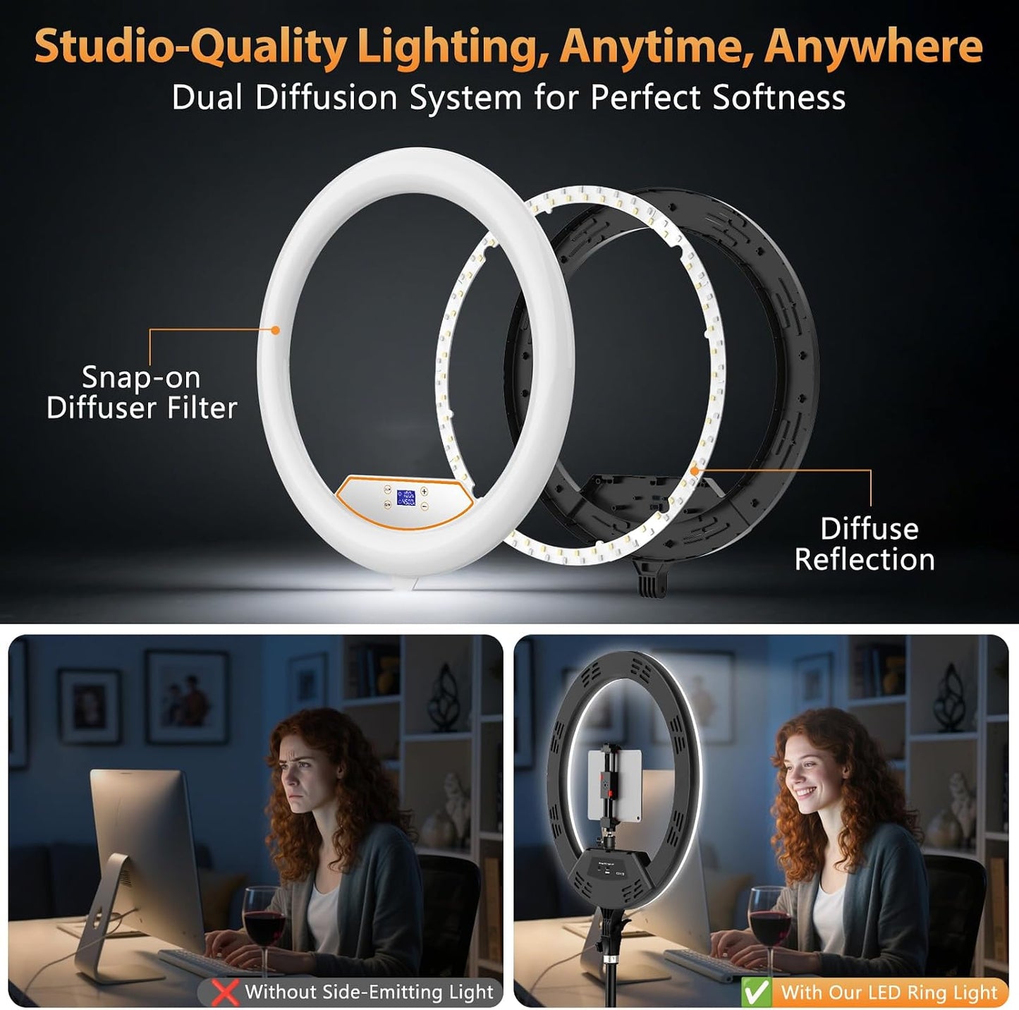 MACTREM Anillo de luz grande de 22 pulgadas con soporte, trípode de...
