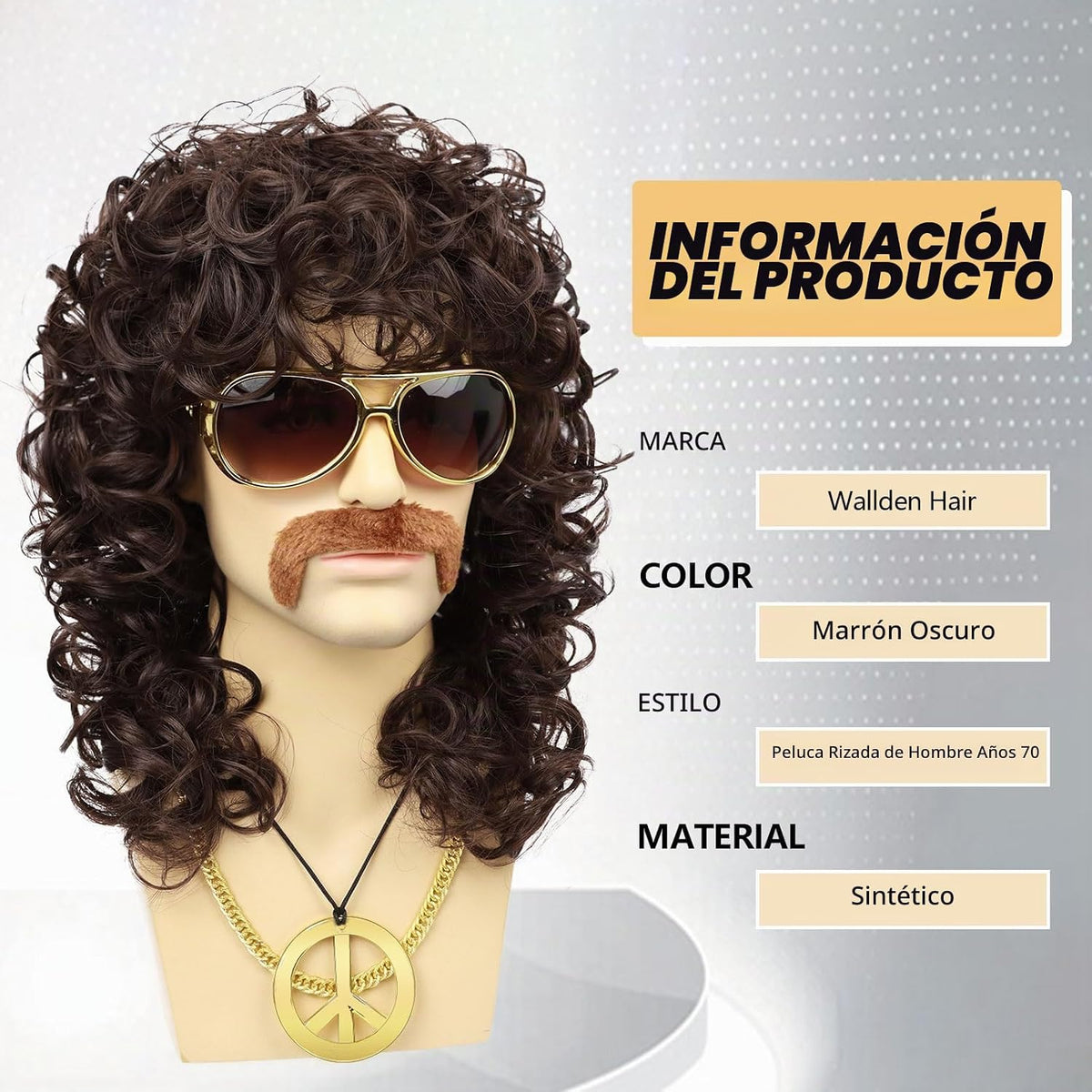 Wallden Hair Peluca marrón de los años 70 para hombre, gafas, caden...