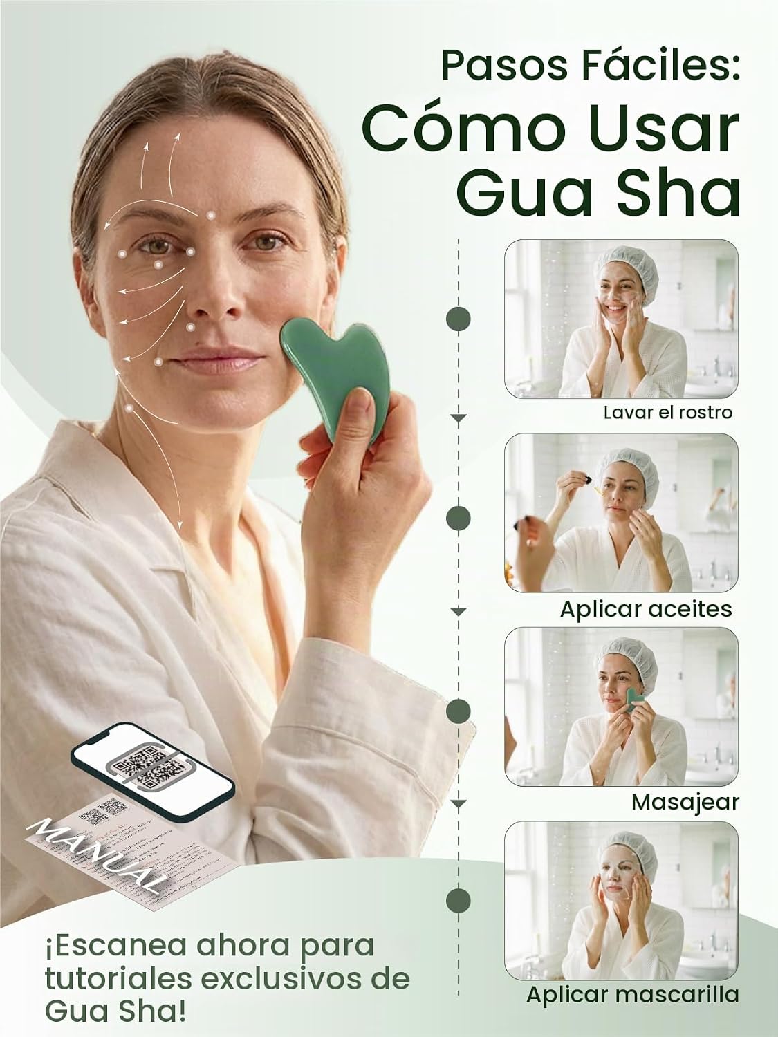 Rena Chris Herramientas faciales Gua Sha, Guasha de piedra verde -...