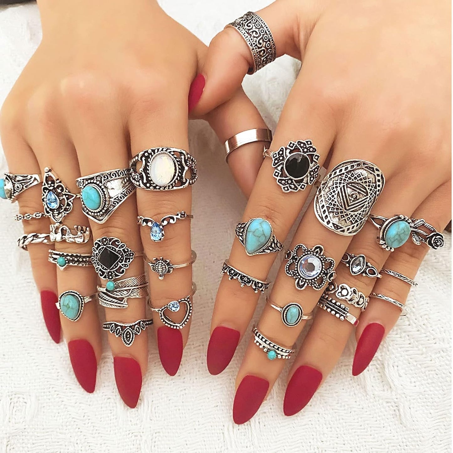 17IF Juego de anillos de nudillos plateados vintage para mujeres y...