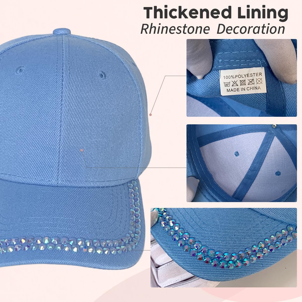 BUDUBIBI Gorra de béisbol con diamantes de imitación para mujer, go...