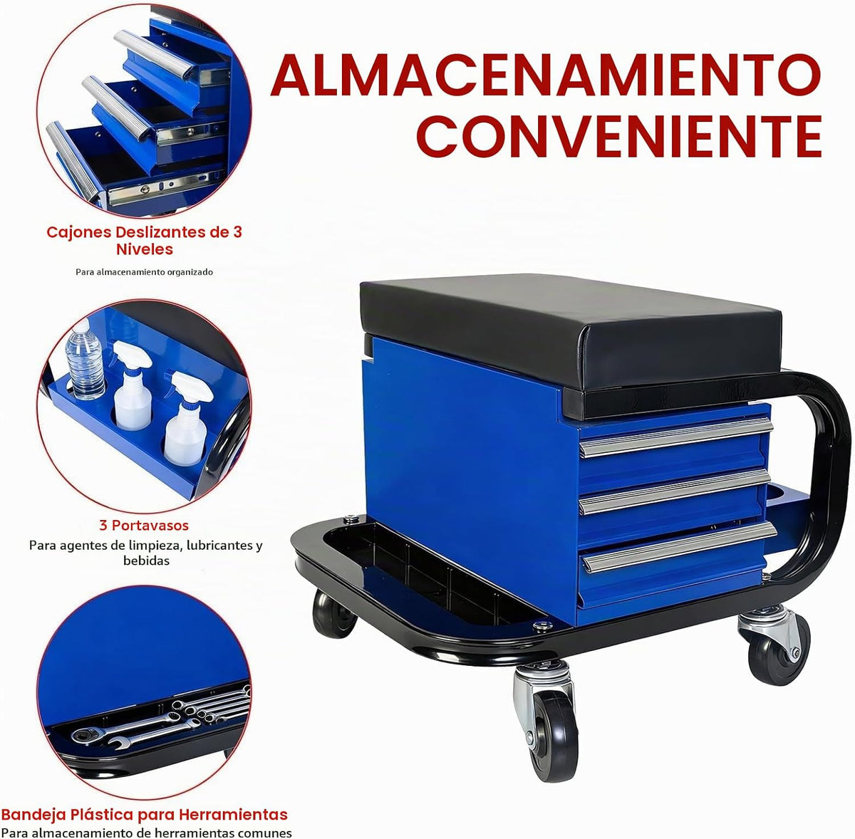 S.Walt Taburete mecánico rodante con ruedas, asiento deslizante con...